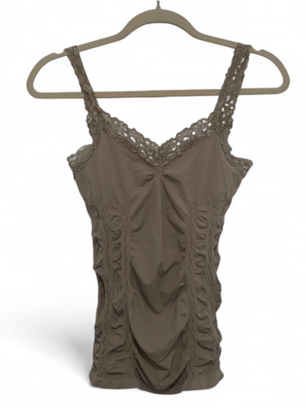M Rena Ruched Seamless Lace-Trim Tank Top in Taupe